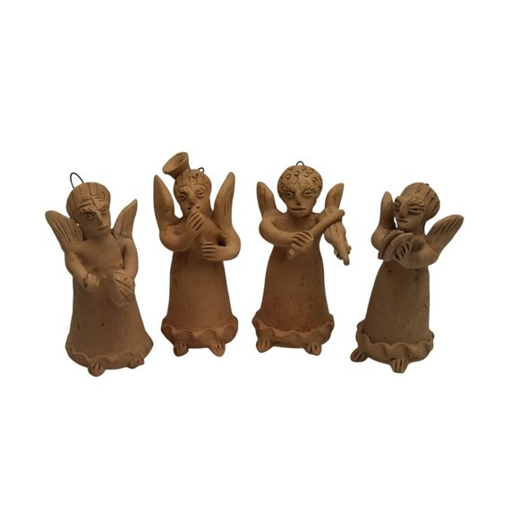 4 Handmade Mexican Terracotta Angel Ornament Figurine Set Musician Angels - Picture 1 of 13